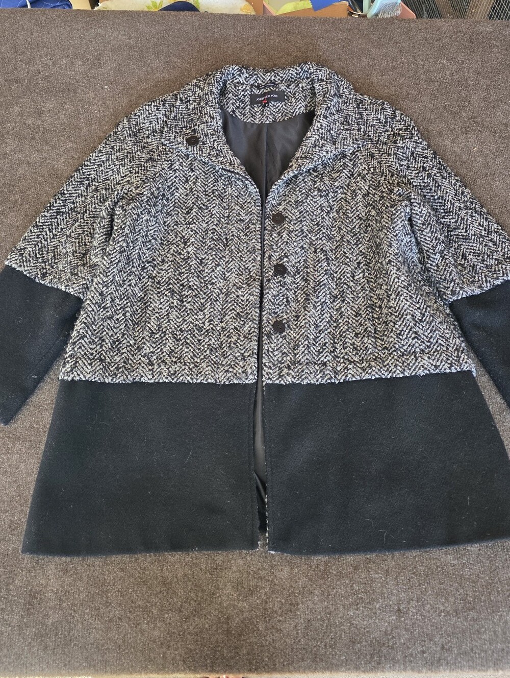 Jones New York 1X Wool Blend Herringbone Coat Black Cream Plus Size